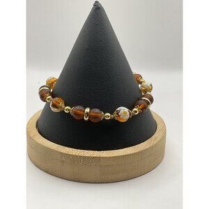 Amber & Gold-Tone Beaded Bracelet With Floral Accents